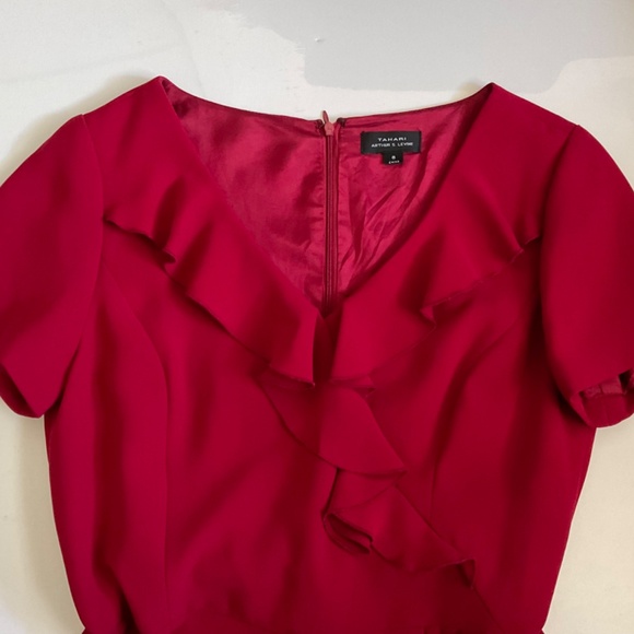 Tahari by Arthur S. Levine Size 8 Belted Ruffle Red Dress - Picture 3 of 6